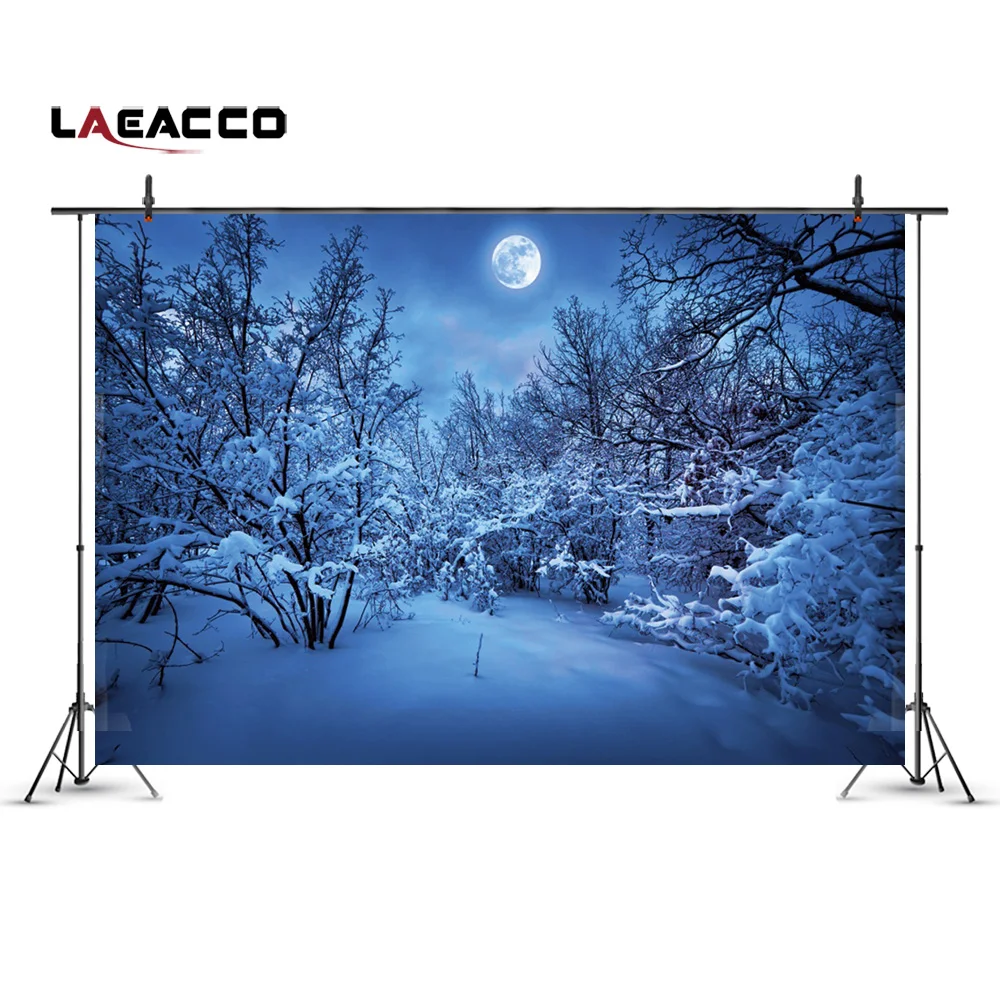Laeacco Winter Snow Moon Night Forest Tree Scenic Photography Backgrounds Vinyl Custom Photographic Backdrops For Photo Studio |