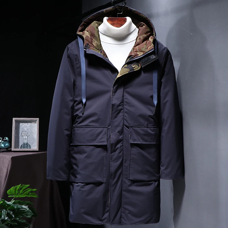 navy blue Новое поступление, зимняя длинная куртка, хлопок, толстая, мужская, высокое качество, Повседневная мода, парки, хлопковое пальто, Мужская брендовая одежда, камуфляж - Цвет: navy blue