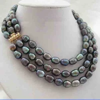 stunning 3 rows 11 13mm black rice freshwater cultured pearls necklacegenuine pearl jewellery18 20inchesnew free shipping