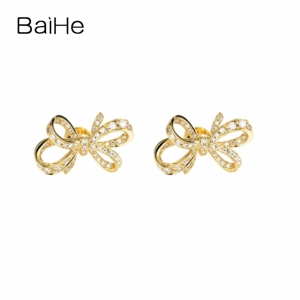 BAIHE Твердые 14 к желтое золото 0.32ct H/SI натуральные бриллианты свадебные женские модные ювелирные украшения красивый бант серьги-гвоздики с бриллиантами