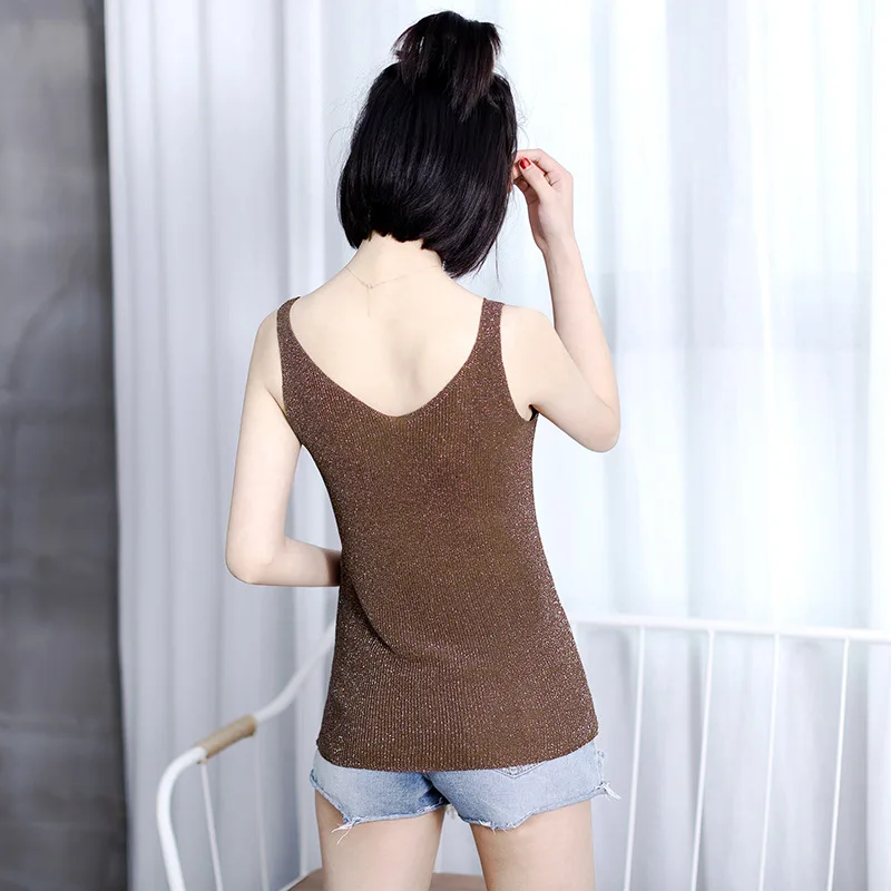 Spring Sparkling Casual Knitt Sweater Women V-neck Vests Summer Fashion Solid High Elasticity Soft Sexy Slim Sweaters Femme |