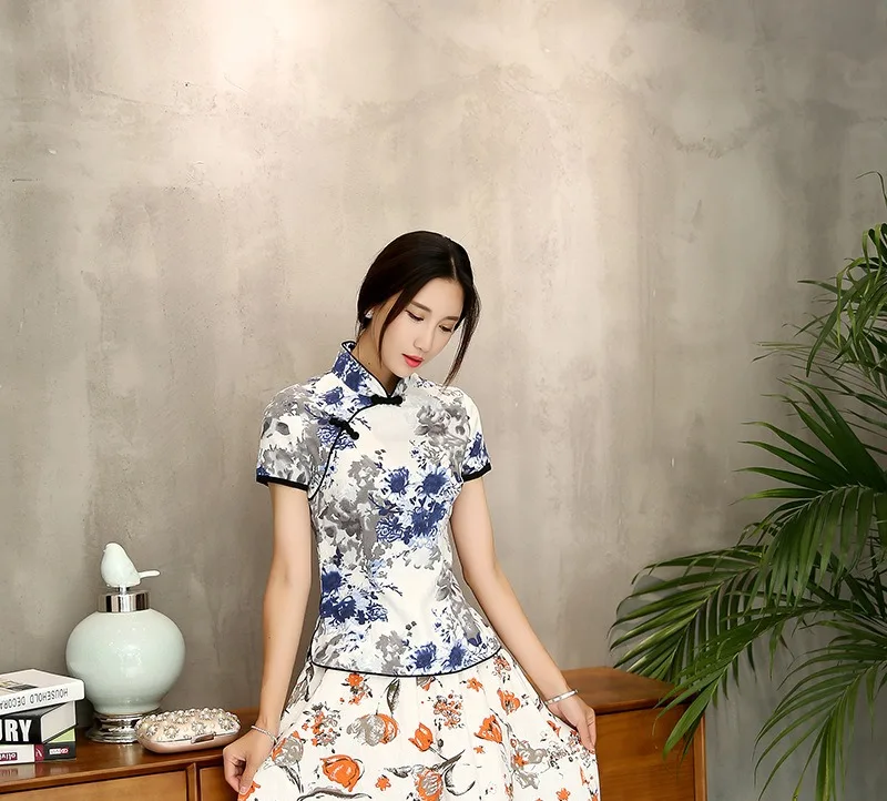 Шанхай история Мандарин воротник женская Qipao рубашка Китайский Топ короткий рукав cheongsam Топ Традиционный китайский льняная блузка