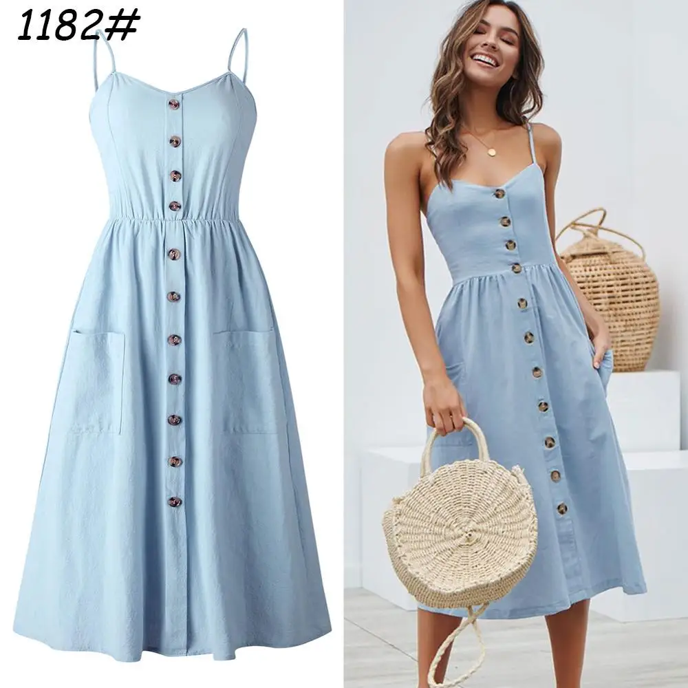 1182 Blue Pocket Spasril, женское платье на бретельках, стильный цветочный принт, сексуальные платья на бретельках с открытой спиной, летнее пляжное женское платье с карманами - Цвет: 1182 Blue Pocket
