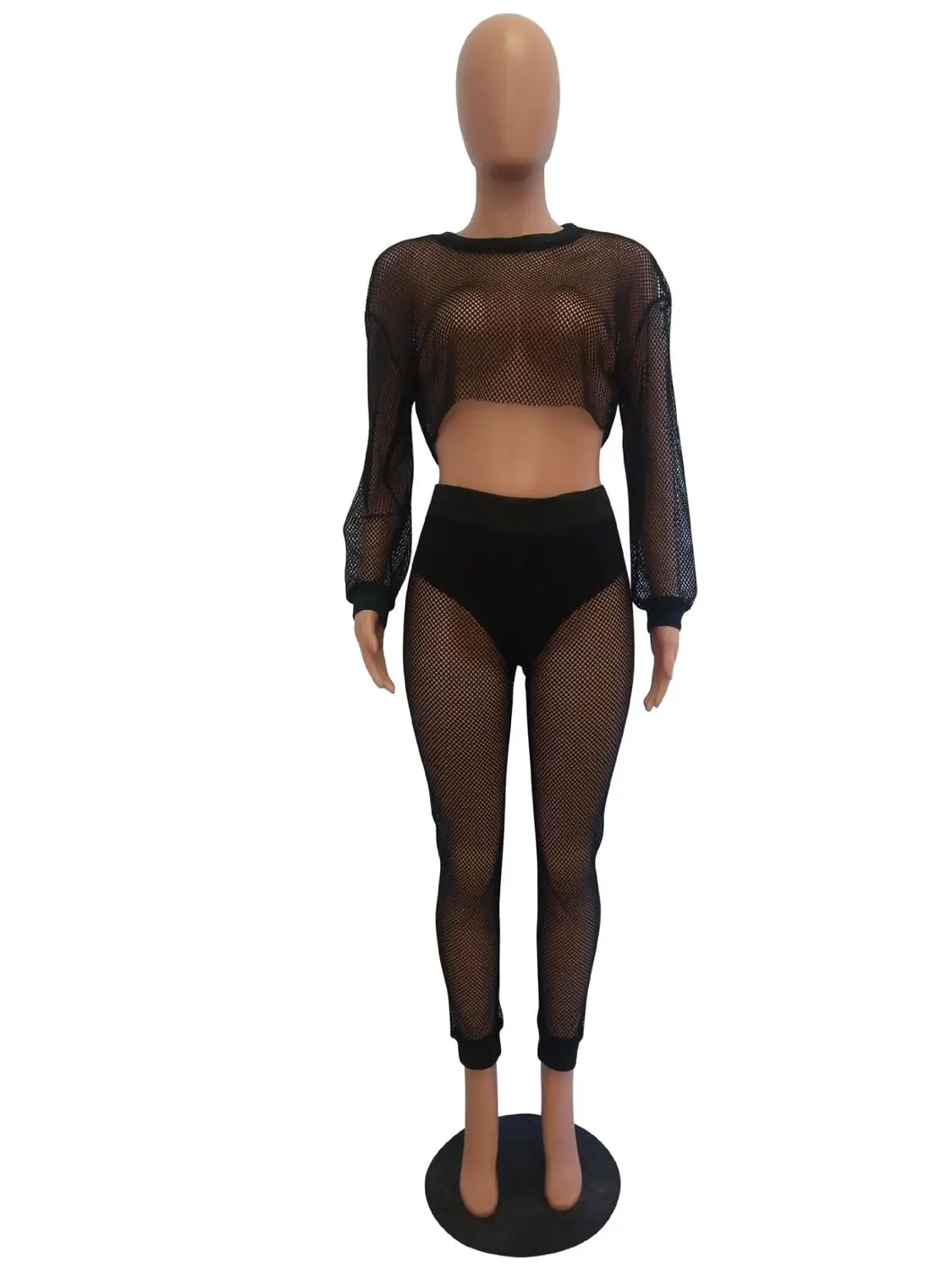 

Adogirl Sexy Fish Net See Through Women Set Casual Long Sleeve O Neck Crop Top With Long Pant Tracksuit Night Club Two Piece Set