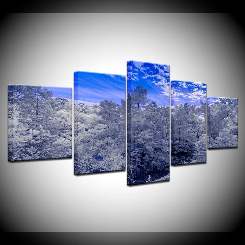 

Printed Modern HD Paintings Home Decor 5 Panel Snow Tree Landscape Modular Living Room Wall Art Pictures Canvas Posters Artwork
