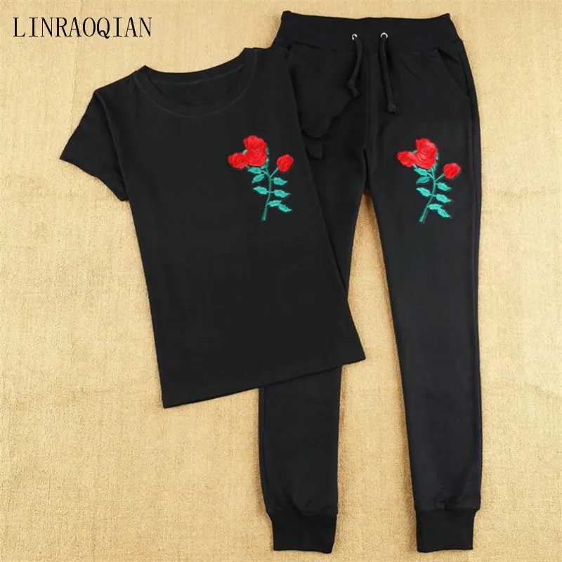 Хлопковая женская футболка с цветочной вышивкой LINRAOQIAN + брюки летняя коротким