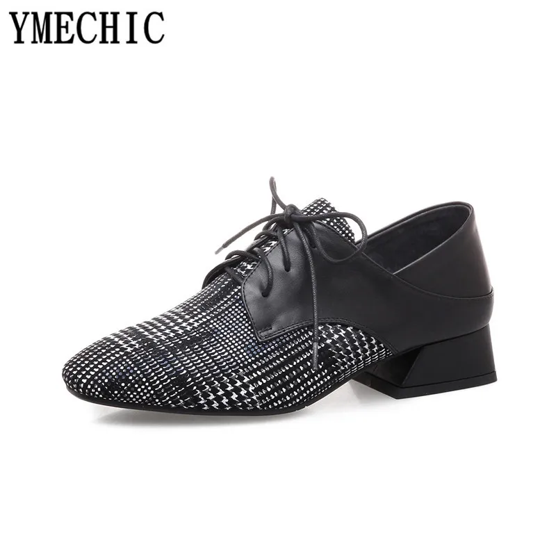YMECHIC/2018 г. весенние женские клетчатые туфли из натуральной овечьей кожи на