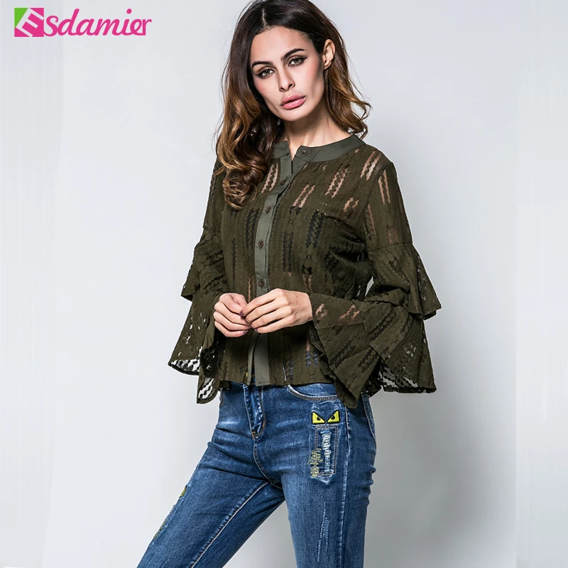 Новые модные кружевные рубашки с рюшами женские зеленые черные белые