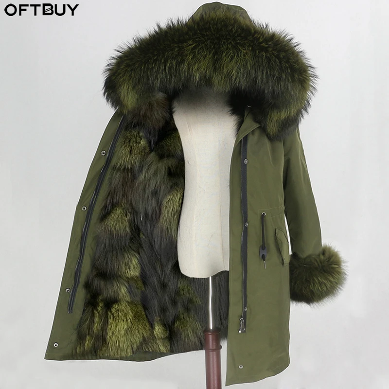 Женская парка с мехом енота на капюшоне OFTBUY длинная непромокаемая со съемной