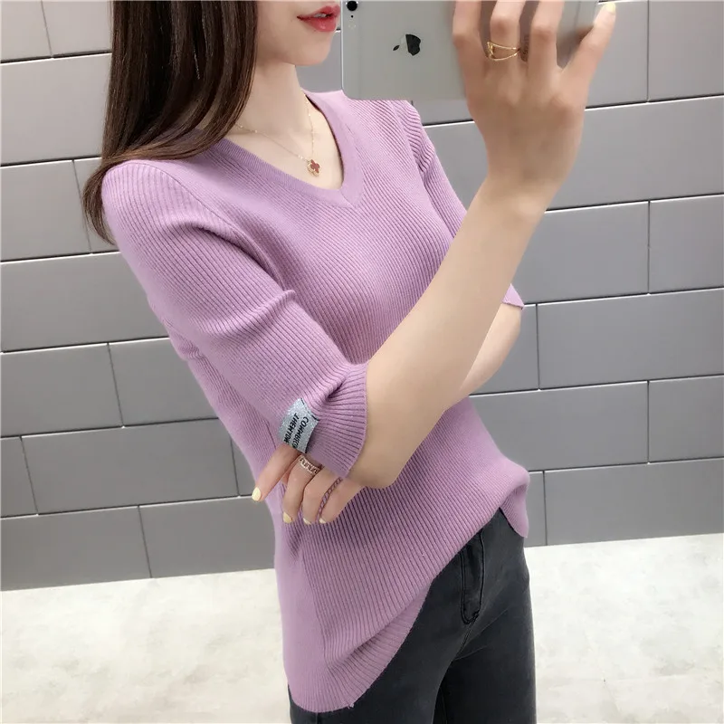 Summer 2019 Women New V-neck Sweaters Half Sleeve Slim Thin Pullovers Top Female Knitted Sweater 8 Colors | Женская одежда