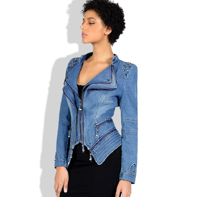 

2022 fashion slim shrug lapel rivet zipper stitching short denim motorcycle jacket punk wind jacket female W542