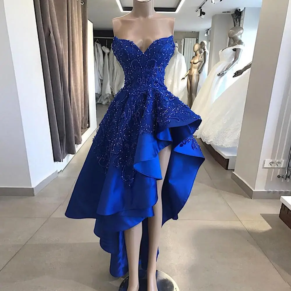 

Royal Blue Short High Low Prom Gowns Formal Dress 2019 Beaded Appliques Sweetheart Asymmetrical Long Evening Party Gowns Custom