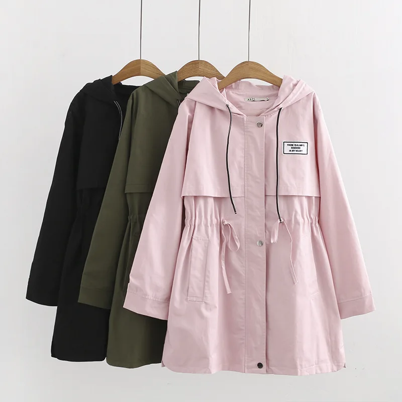 

Fat-sister women's trench coat 2018 autumn big yards fashion waist belt in long style hooded windbreaker