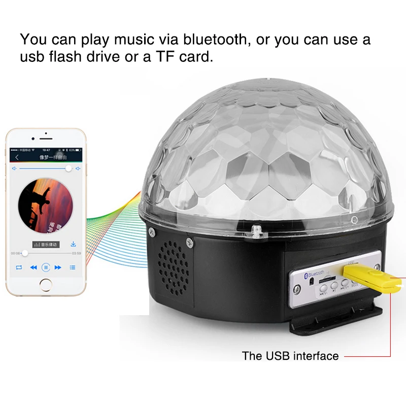 6 цветов LED Bluetooth дискотека свет с MP3 плеером спикер сценический вращающийся Lumiere