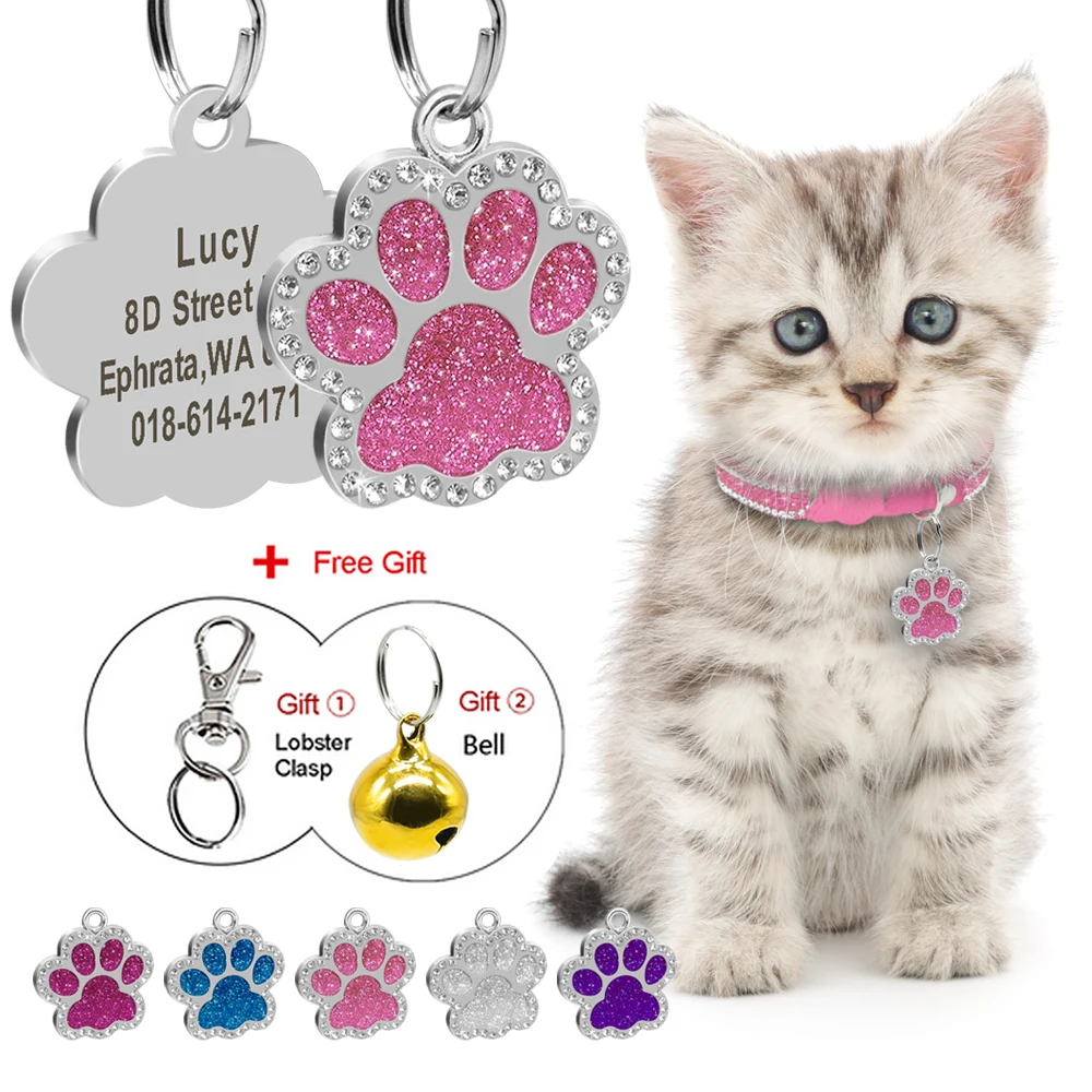 

Glitter Cat ID Tag Pendant Personalized Kitten Puppy Name Tags Paw Shape Anti-lost Pet Nameplate Bling Rhinestone Free Gift Bell