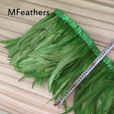 apple green 2 метра шампанского декоративные петушиные перья 35-40 см DIY куриное перо бахрома пришиты на атласную лента рождественские украшения полоски ремесло - Цвет: apple green