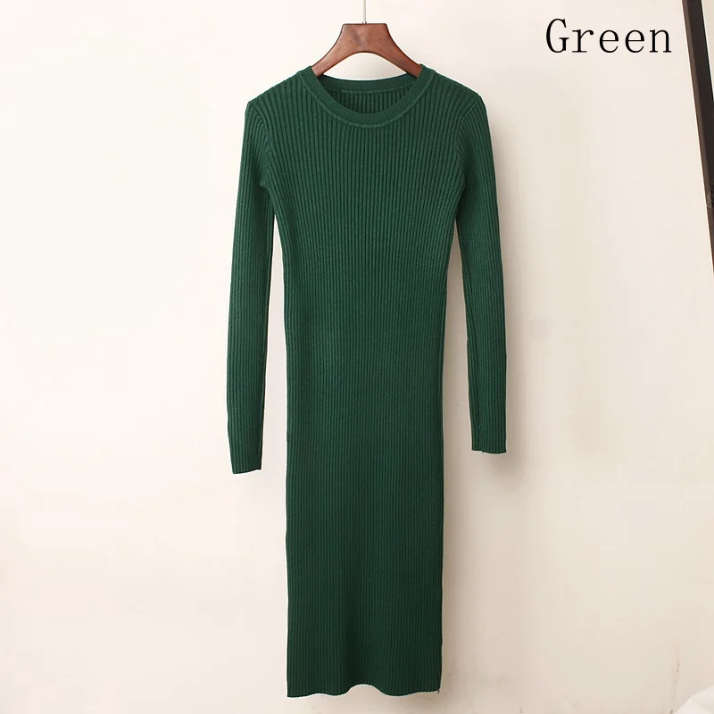 green 858 GIGOGOU толстое теплое Женское зимнее платье длинное тонкое трикотажное платье осеннее с круглым вырезом до середины икры женское платье-свитер - Цвет: green 858