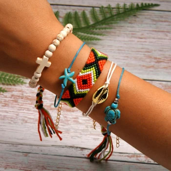 11 MOON GIRL 5 Pieces Puka Shell Bracelet Set Turtle Starfish Cross Beads Boho Weave Bracelet for Women Friendship Jewelry Dropship - Metal Color: 11
