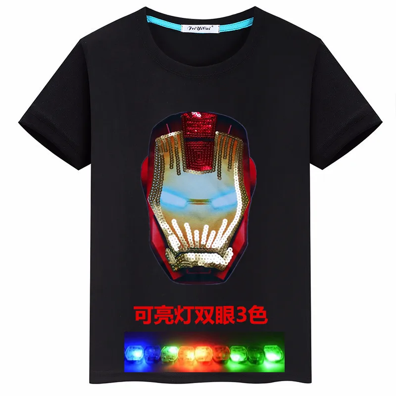 Black Детская одежда с героями мультфильмов; Новинка г.; Модная одежда с изображением Железного человека; Светодиодный светильник; футболка с наклейками для мальчиков; джемпер - Color: Black