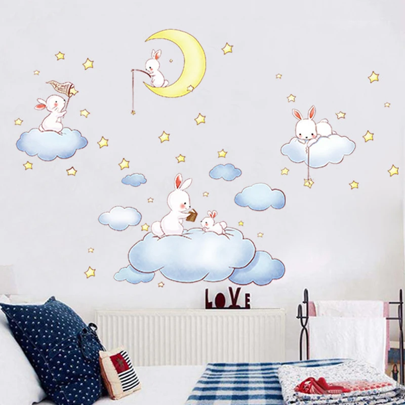 Cute clouds rabbit wall stickers for kids rooms removable DIY children bedroom decals home decor cartoon wallpaper | Дом и сад