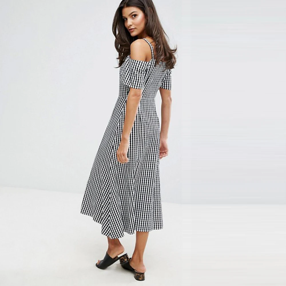 Лимон Винтаж плед с открытыми плечами платье миди женская одежда ремень Опрятный