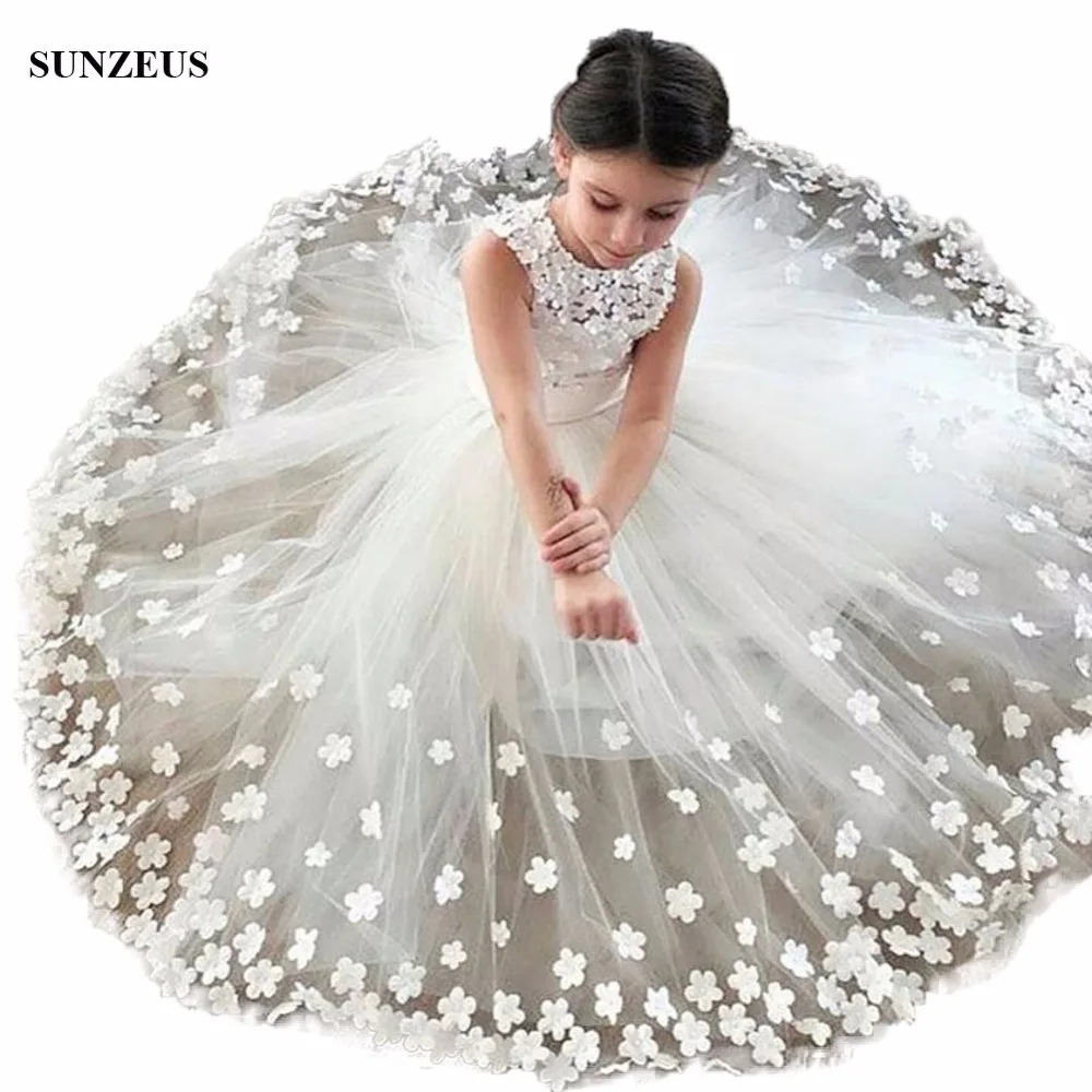 

New Arrival Flowers Party Dress For Childern A-line Tank Long Ivory Tulle Floral Flowers Girls Dresses For Wedding FLG003