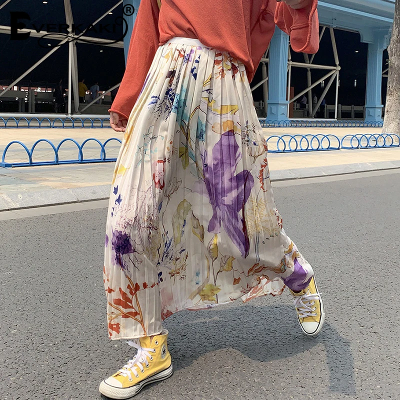 Фото Everkaki Цветочная длинная юбка с принтом Женская эластичная талия Boho Свободные