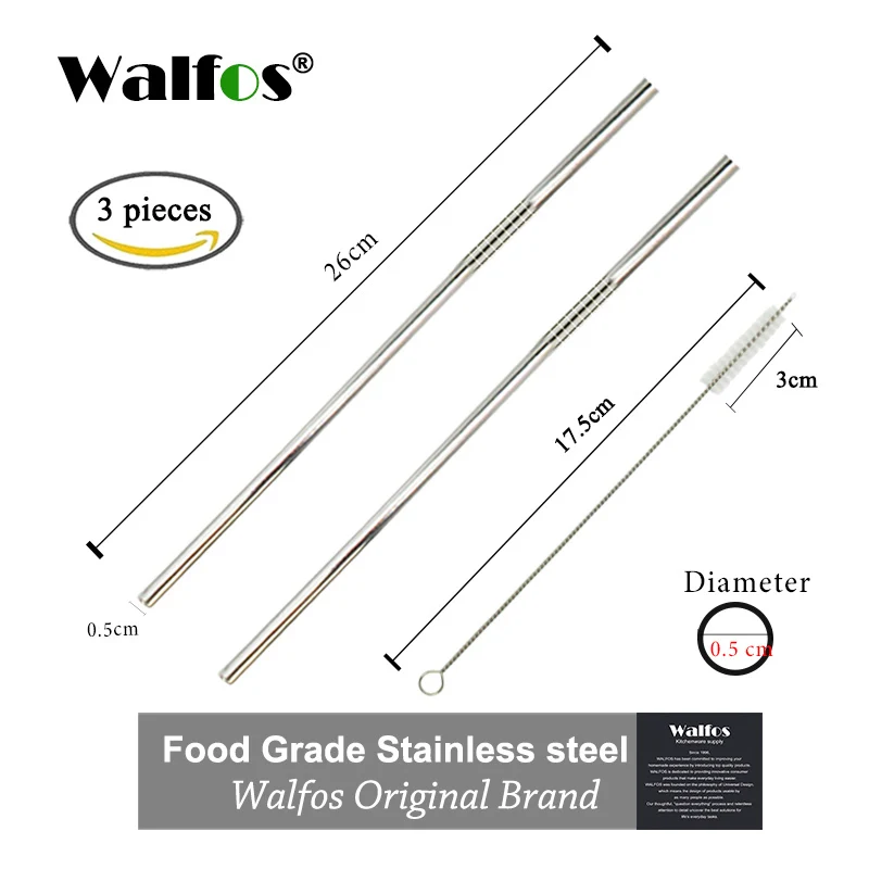I Steel 26cm WALFOS 2 шт Высокое качество 304 пищевая нержавеющая сталь металл питьевой соломы Многоразовые трубочки+ 1 щетка для очистки - Цвет: I Steel 26cm