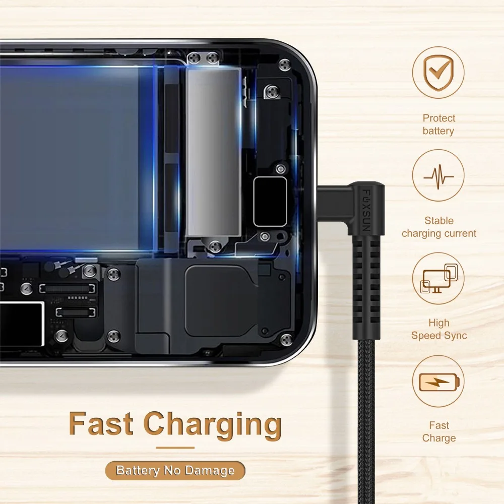 Micro USB кабель Foxsun под прямым углом 90 градусов зарядный Android плетеные кабели для
