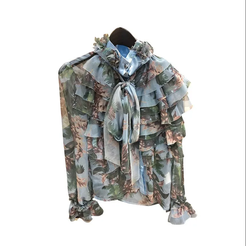 print2 TWOTWINSTYLE, женские топы с бантом, расклешенная рубашка с длинным рукавом и рюшами, блузка, Женская корейская модная одежда, весна - Цвет: print2