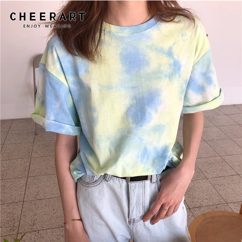 Женская свободная футболка Cheerart хлопковая Футболка с краской для галстука
