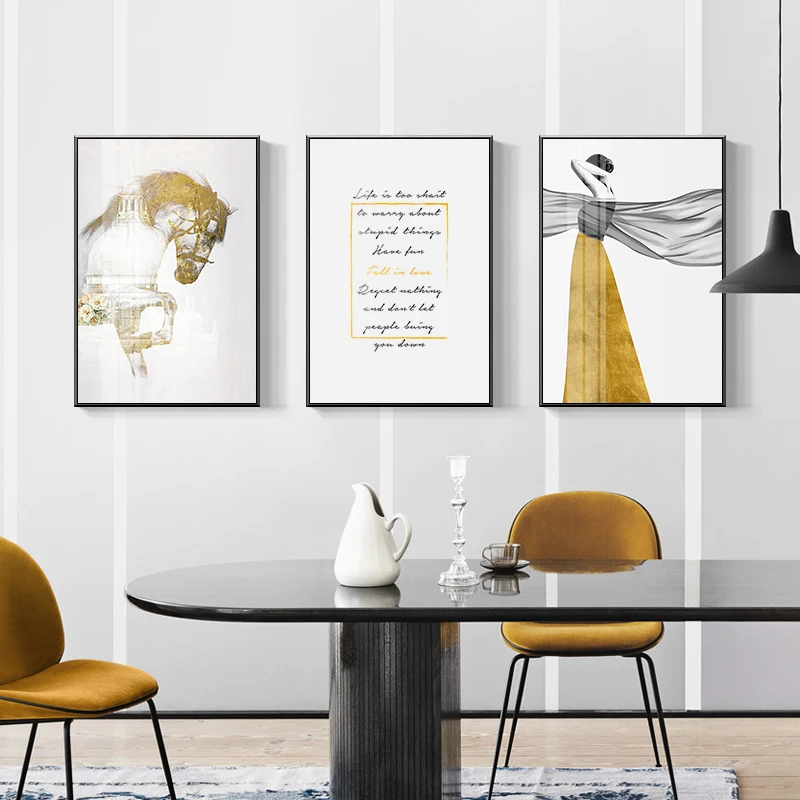 

Nordic Fashion Elegant Woman in Golden Dress Canvas Painting Poster Print Quote Modern Wall Art Pictures For Living Room Bedroom
