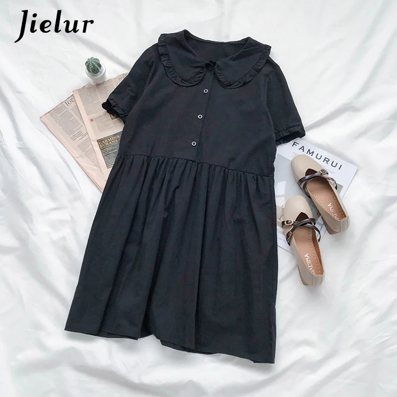 Jielur 2019 Summer Dress Women Single-breasted Pure Color Vintage Dresses Female Sweet Cute Girls Loose Purple Yellow Vestidos | Женская