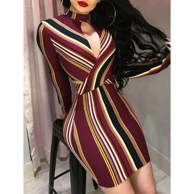 Женское платье в полоску новое осеннее с глубоким V образным вырезом и длинным