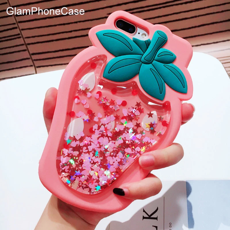 GlamPhoneCase Прозрачный блестящий 3D чехол с клубничкой и жидким зыбучим песком для iPhone