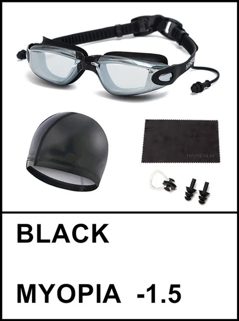 Black-Set Myopia 150 Очки для плавания по рецепту(близорукие 0-8,0 диоптрий), очки для плавания для близорукости+ шапочка для плавания+ зажим для носа+ беруши+ Сухая ткань - Цвет: Black-Set Myopia 150