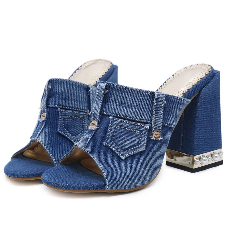 

Sexy Women Canvas Mule Shoes Vintage Denim Heeled Sandals Fashion Pumps Peep Toe Slides Fashion Denim High Heels Size 35-40