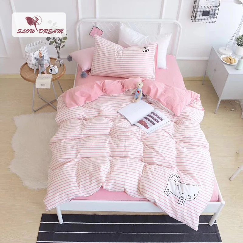 Slowdream милый котенок в розовую полоску мультфильм Постельное белье детей Набор