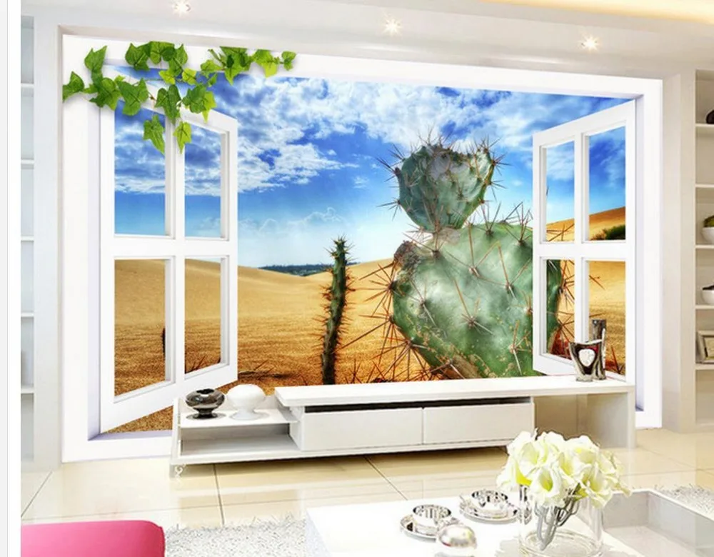 3d индивидуальные обои окно пустыня кактус 3D ТВ фон фотообои украшение дома |