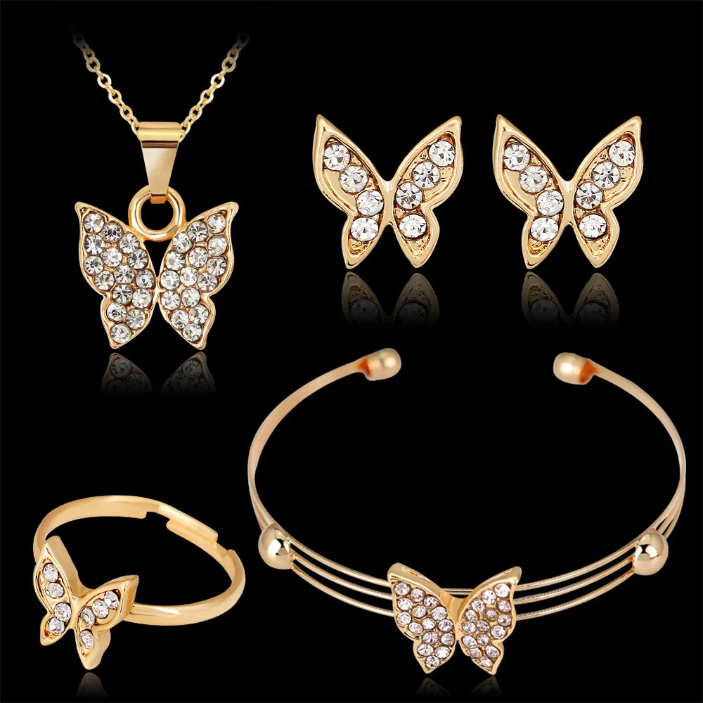 Butterfly Rhinestone Jewelry Necklace Earrings Bracelet Ring Set for Women Gold Color Bridal Wedding Sets | Украшения и
