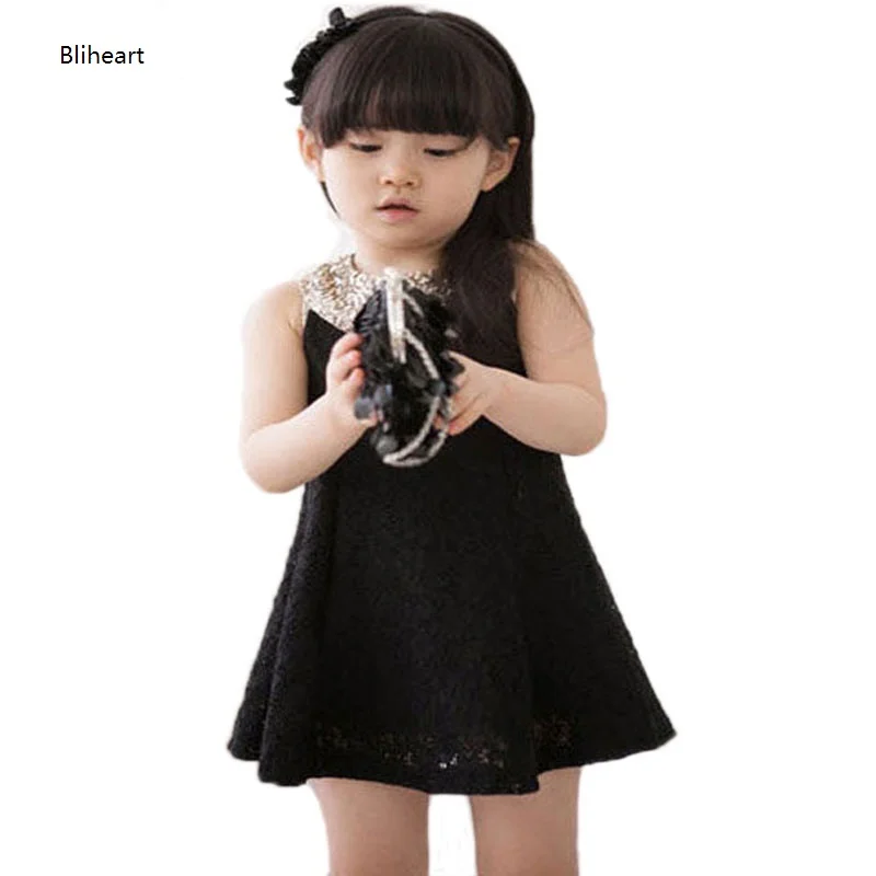 Gold Sequins Peter Pan Collar Girls Dress Lace Sleeveless White/ Black Dresses Kids For 2 3 4 5 6 7 8 9 Years Prom Summer | Детская