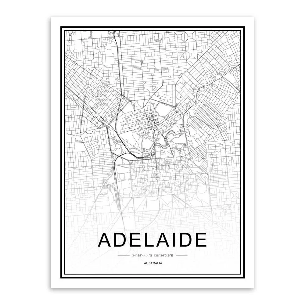 Adelaide Черно-белые карты мира, города, шёлка, постеры, принты в скандинавском стиле, для гостиной, настенные художественные картины, Декор, холст, живопись - Цвет: Adelaide
