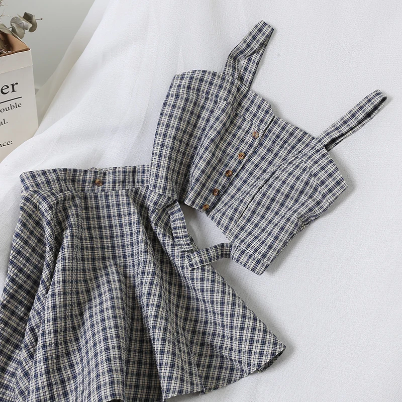 2019 new fashion women's two piece set Plaid suit strapless vest+skirt two-piece female | Женская одежда