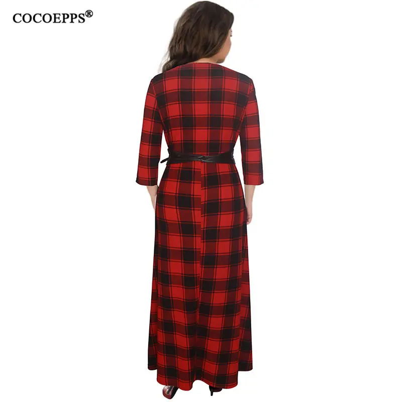COCOEPPS Plus Size Dress Long Sleeve Maxi Work Office Autumn Spring Women clothes Red Plaid Big Elegant | Женская одежда