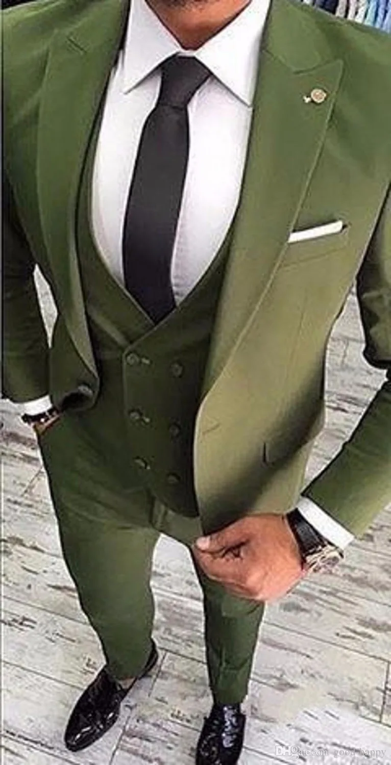 

New Arrival One Button Olive Green Groom Tuxedos Groomsmen Peak Lapel Mens Suits Blazers (Jacket+Pants+Vest+Tie) W:1022