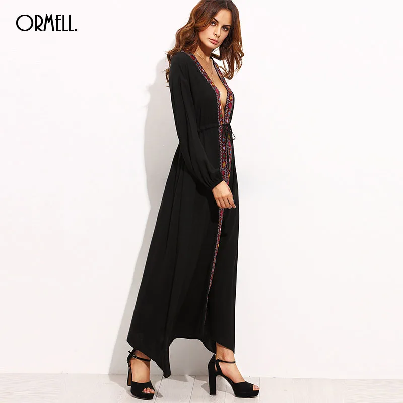 ORMELL Дамы Черная Урожай Племенной Вышивка Платья Макси Осень Пляж 2016 Женщин Boho