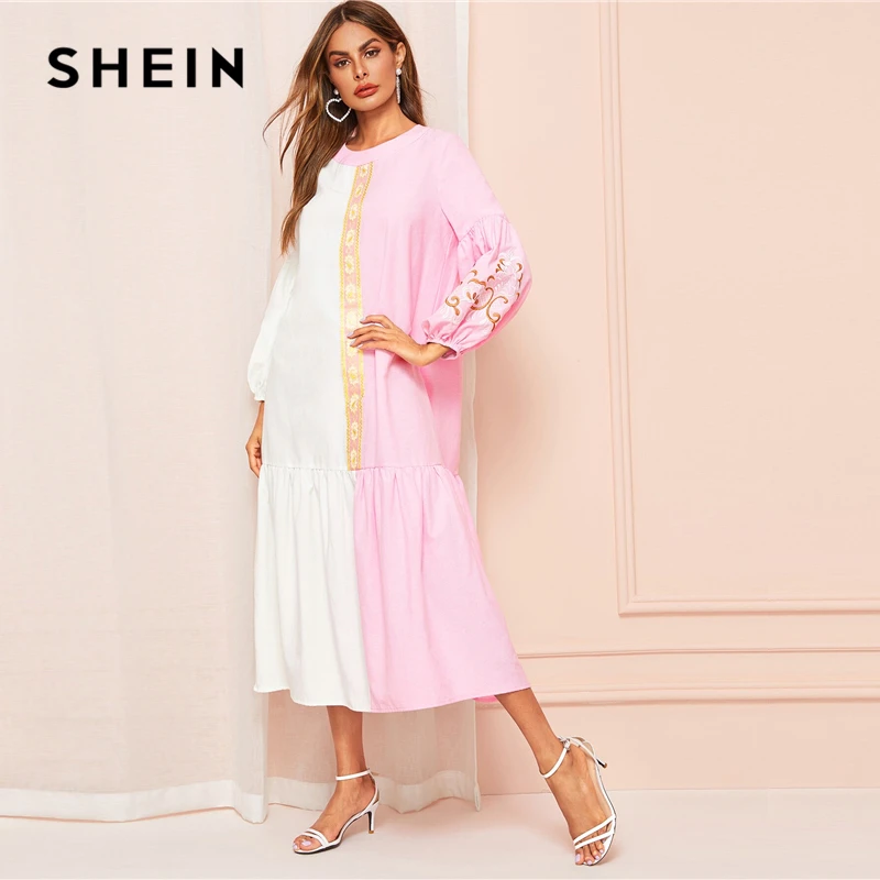 SHEIN двухцветное платье с вышивкой и рукавами-фонариками, с рюшами на подоле, весна-осень, платье с длинным рукавом, женские платья в стиле бохо