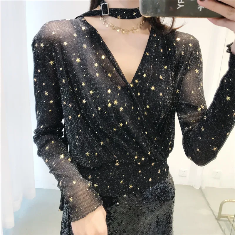 Sexy Top Black Slim Wrap T-shirts Women Sparkling stars Surplice Summer Tops 2018 Spring Long Sleeve Casual T-shirt Clothes | Женская