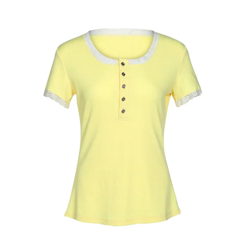 

OMSJ Women Short Sleeve Knitted Lace Easeful Fit Women T-shirts Round Neck Tee Tops Summer Female Casual T Shirt Clothing Top