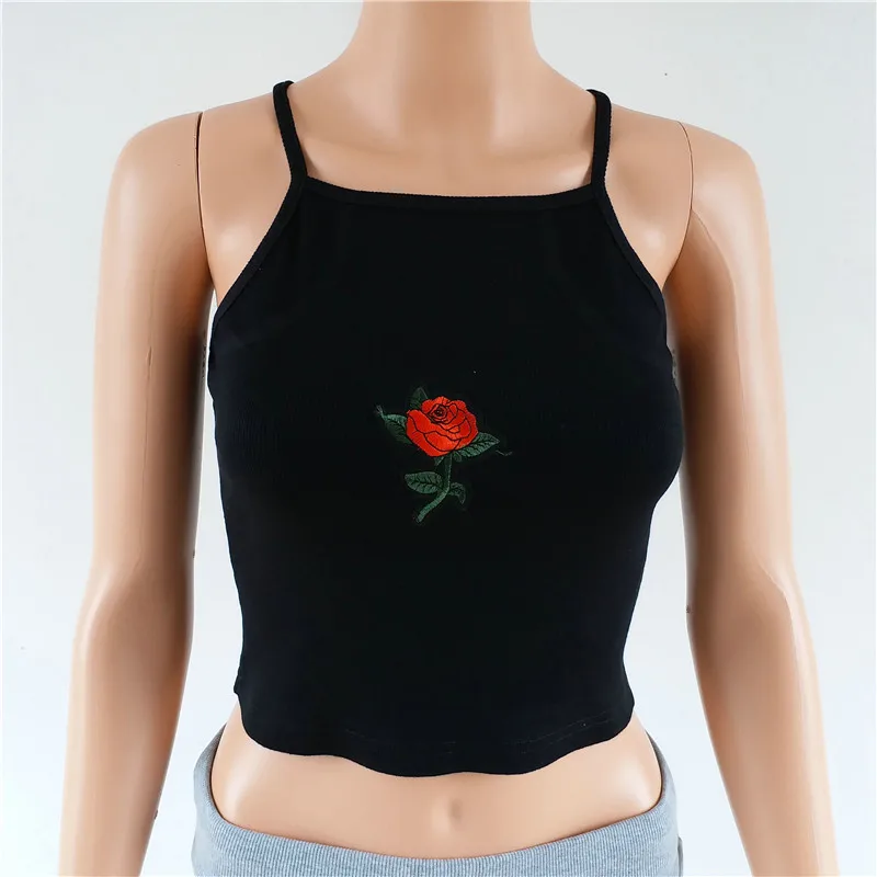 Женский укороченный топ с цветочной вышивкой черный женский на бретелях